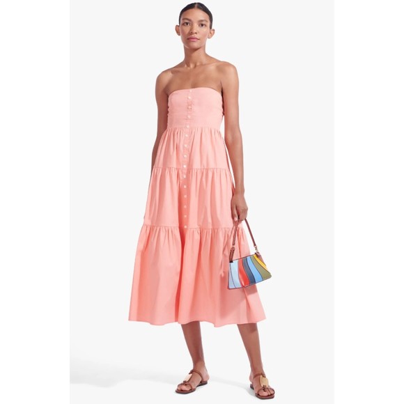 NWT STAUD Strapless Midi Length Elroy Dress in Grapefruit Size XL Tiered Skirt - Picture 1 of 12